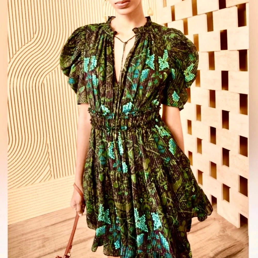 🌺🎉HP🎉🌺 NWT Ulla Johnson Ada Chiffon Mini Dress Rainforest - Picture 2 of 16
